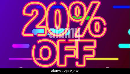 Immagine del 20% di sconto sul testo su sfondo viola con forme colorate Foto Stock