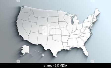 Mappa geografica degli Stati Uniti con Stati con contee con regioni con ombre Foto Stock