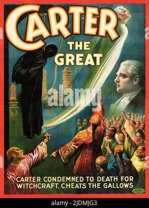 Poster mago vintage 1920s per carter The Great. Carter condannato a morte per stregoneria. Imbraccia le zappe Foto Stock