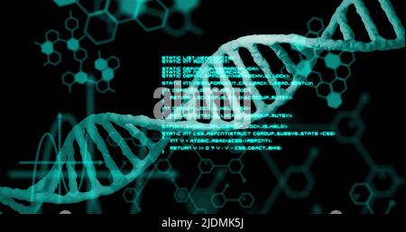 Immagine del filamento di dna e dell'elaborazione dei dati su sfondo nero Foto Stock