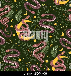 Serpente e luna celeste magico vettore modello. Schizzo di alchimia spirituale Illustrazione Vettoriale