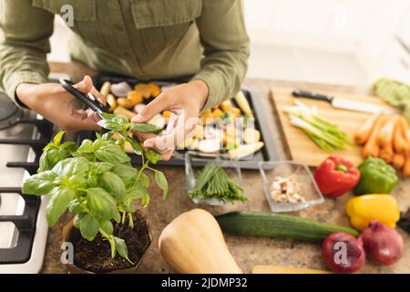 Metà della giovane donna biracale taglia le foglie di basilico mentre prepara il cibo in cucina a casa Foto Stock