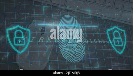 Immagine dell'elaborazione dei dati di avviso, impronta biometrica di sicurezza online Foto Stock