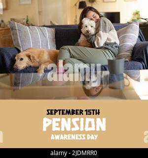 Immagine composita digitale della giovane donna caucasica che abbraccia il cane a casa, testo del giorno di consapevolezza della pensione Foto Stock