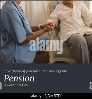 Immagine digitale del medico biraciale che tiene la mano della donna anziana, testo del giorno di sensibilizzazione alla pensione Foto Stock