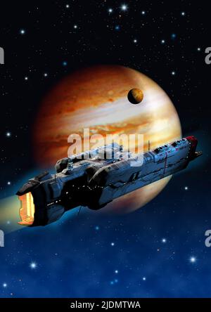 scenario futuristico, astronave volare vicino al pianeta giove, 3d rendering Foto Stock