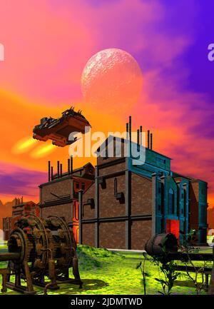 scenario futuristico, nave spaziale che vola sopra la città, illustrazione 3d Foto Stock