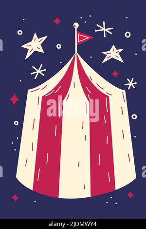 tenda circus con stelle su sfondo blu scuro Illustrazione Vettoriale