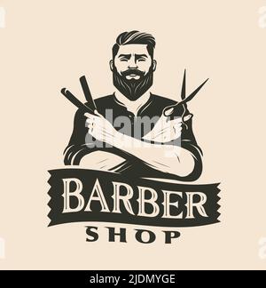Logo Barbershop vintage. Rasatura e taglio della barba o dei baffi. Illustrazione vettoriale di bellezza maschile Illustrazione Vettoriale