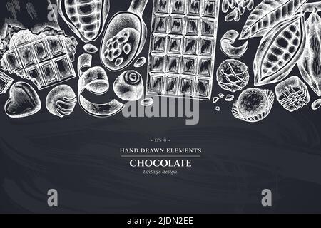 Design monocromatico con gesso di cacao in grani, cacao, cioccolato, caramelle al cioccolato Illustrazione Vettoriale