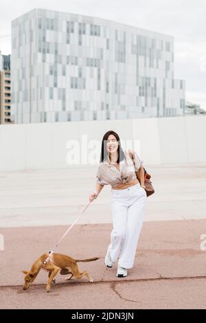 Giovane donna che cammina con il suo cane per strada Foto Stock