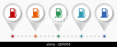 Icone vettoriali di concetto a benzina, modello infografico modificabile, set di puntatori colorati a disegno piatto Illustrazione Vettoriale