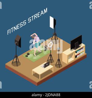 Vlogging concetto isometrico con femminile fitness blogger streaming workout 3D illustrazione vettoriale Illustrazione Vettoriale