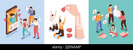 Isometric hype social media design concetto set con lussuria per mi piace e dipendenza per social network illustrazione vettoriale Illustrazione Vettoriale