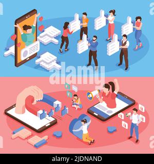 Blogging e social media hype banner orizzontali set 3D isolato vettore illustrazione Illustrazione Vettoriale