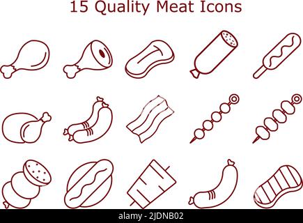 Set di icone della linea relativa a carne e salsiccia. Icone dei contorni vettoriali di bistecca e barbecue. Illustrazione Vettoriale