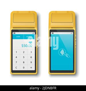 Vector 3D Orange NFC Payment Machine Set isolato. Wi-fi, pagamento wireless. Schermo con Amount e WiFi Sign. Terminale POS, modello di progettazione macchina di Illustrazione Vettoriale