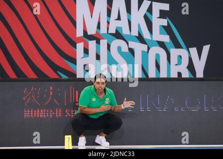 DEBRECEN, UNGHERIA - GIUGNO 22: Allenatore di testa Delaine Mentoor del Sudafrica durante i campionati mondiali FINA Budapest 2022 partita Argentina / Sudafrica il 22 giugno 2022 a Debrecen, Ungheria (Foto di Albert ten Hove/Orange Pictures) Foto Stock