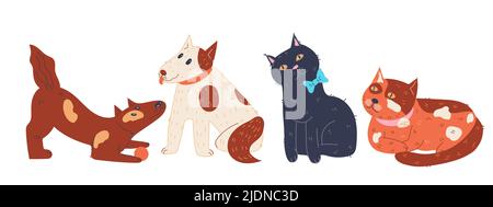 Gatti domestici e cani in piedi in fila, cartoon piano vettore illustrazione isolato su sfondo bianco. Cute animali domestici per veterinari e animali domestici c Illustrazione Vettoriale