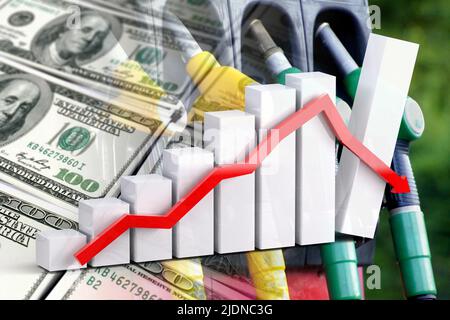 Grafico economico: Freccia giù, pompe di gas e dollari di cassa. Calo del prezzo della benzina. Foto Stock