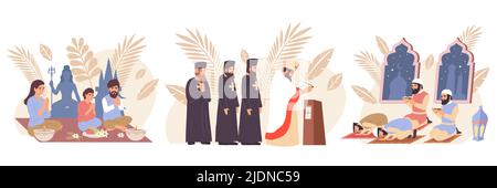 Icona delle religioni del mondo piatto insieme con gruppi di cristiani buddisti e musulmani pregare illustrazione vettoriale Illustrazione Vettoriale