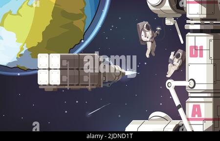 Sfondo della missione spaziale con astronauti in spacesuits volare in no gravity cosmo esterno vicino alla stazione internazionale vettore illustrazione Illustrazione Vettoriale