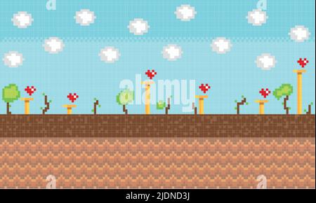 Scenario di gioco pixelated colorato con alberi e fiori Vector Illustrazione Vettoriale