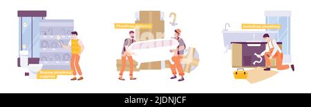 Composizioni idrauliche set con caratteri piatti di idraulici al lavoro con immagini di fissaggio bagno e illustrazione vettoriale di testo Illustrazione Vettoriale