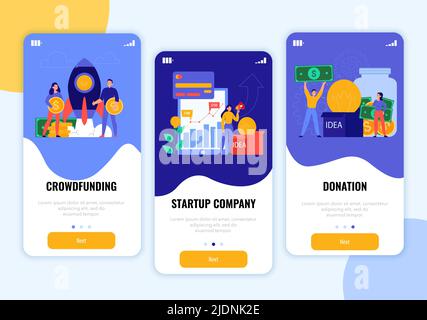 Crowdfunding banner verticali con simboli di avvio e donazione illustrazione vettoriale piatta isolata Illustrazione Vettoriale