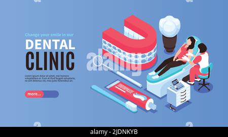 Banner orizzontale per il dentista isometrico con testo modificabile pulsante More (Altro) e icone delle apparecchiature per i dentisti con illustrazione vettoriale dei caratteri umani Illustrazione Vettoriale