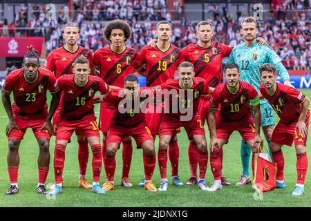 Varsavia, Polonia. 14th giugno 2022. La squadra del Belgio posa per una foto di gruppo durante la partita della UEFA Nations League, League A Group 4 tra Polonia e Belgio allo Stadio Nazionale PGE.(Punteggio finale; Polonia 0:1 Belgio) (Foto di Mikolaj Barbanell/SOPA Images/Sipa USA) Credit: Sipa USA/Alamy Live News Foto Stock