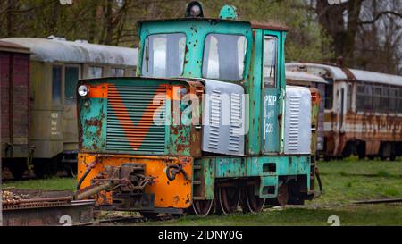 Una vecchia locomotiva diesel a carreggiata stretta che si trova presso la stazione ferroviaria del museo. Foto scattata in una giornata nuvolosa, luce naturale soffusa. Foto Stock