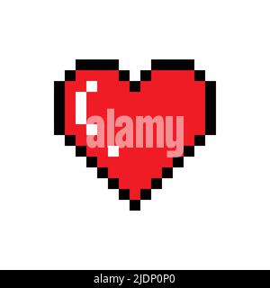 Icona del vettore cardiaco pixel. Gioco pixel cartoon rosso amore arcade simbolo illustrazione, disegno cuore Illustrazione Vettoriale