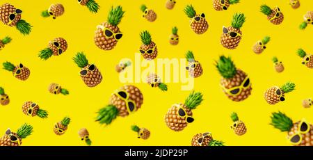 Ananas con occhiali da sole su sfondo giallo. Summer Travel Concept 3D rappresentazione 3D illustrazione Foto Stock