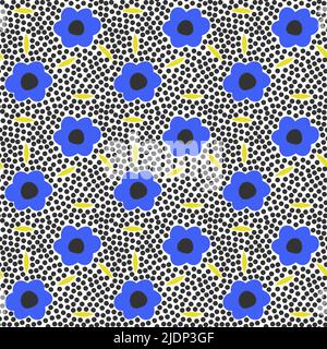 Motivo floreale alla moda senza cuciture con pois polka. Sfondo punteggiato con fiori blu disegnati a mano e foglia gialla. Modello per tessuti, carta da imballaggio Illustrazione Vettoriale