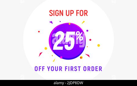 Codice coupon sconto segno in su offerta pubblicitaria. Sconto promozione tag flyer 25% di sconto promozione Illustrazione Vettoriale