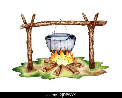 Acquerello illustrazione di cibo da campeggio che è cucinato su un fuoco di campeggio. Campeggio, cucina pic-nic. Per la progettazione di composizioni di disegno sul tema di to Foto Stock