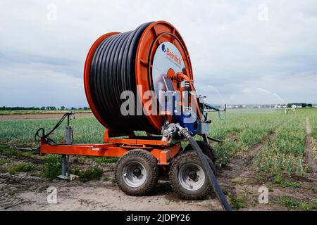 Beindersheim, Germania. 22nd giugno 2022. Un carrello di tubo è parcheggiato su un campo vicino a Beindersheim. Credit: Uwe Anspach/dpa/Alamy Live News Foto Stock