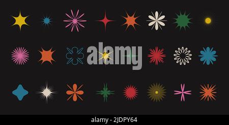 Set di forme Brutalism. Stelle geometriche minimalistiche ed elementi di design floreali. Silhouette minimaliste estetiche Bauhaus. Illustrazione Vettoriale
