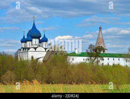 Il Cremlino di Suzdal sulla riva del fiume. Cupole della Cattedrale della Natività e campanili, architettura russa del XIII secolo. Russia, 2022 Foto Stock