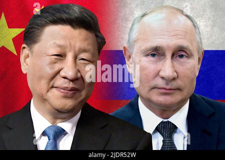 XI Jinping e Putin - bandiere cinesi e russe Foto Stock