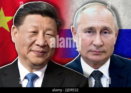 XI Jinping e Putin - bandiere cinesi e russe Foto Stock