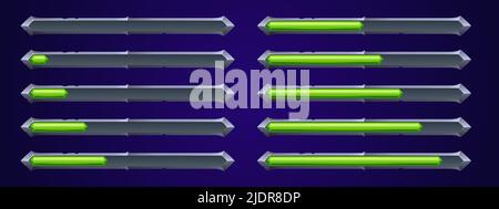 Caricamento dell'interfaccia utente del gioco barre di avanzamento set vettoriale, elementi di progettazione dell'interfaccia grafica cartoon. Stato e risorse scale di potenza con liquido tossico verde in striscia di metallo d'argento, isolato 2D illustrazione Illustrazione Vettoriale