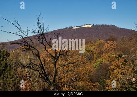 Konigswinter, Germania - Nobile 28, 2020: Edificio bianco su una collina con alberi colorati a Konigswinter, Germania in un giorno di autunno. Foto Stock
