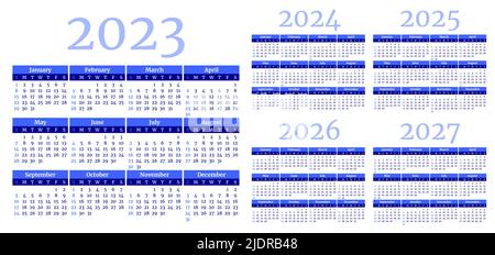 Set di modelli di calendario mensili blu per 2023, 2024, 2025, 2026, 2027 anni. La settimana inizia la domenica. Page layout planner in uno stile minimalista. Agend Illustrazione Vettoriale