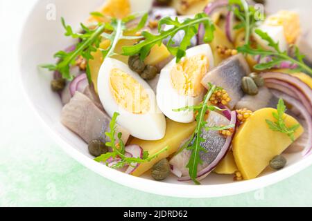 Insalata di aringhe e patate bollite con uova, capperi e cipolla rossa Foto Stock