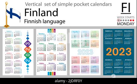 Calendario tascabile verticale finlandese per il 2023 (duemilventitré). La settimana inizia lunedì. Anno nuovo. Design semplice a colori. Vettore Illustrazione Vettoriale