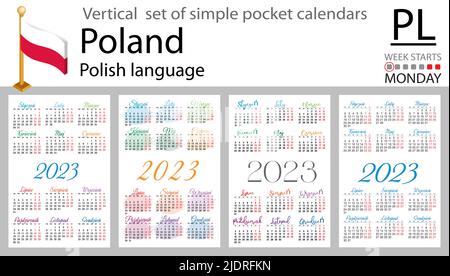 Calendario tascabile verticale polacco per il 2023 (duemilventitré). La settimana inizia lunedì. Anno nuovo. Design semplice a colori. Vettore Illustrazione Vettoriale