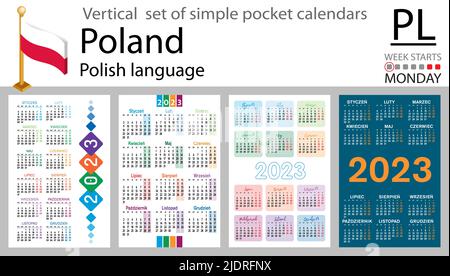 Calendario tascabile verticale polacco per il 2023 (duemilventitré). La settimana inizia lunedì. Anno nuovo. Design semplice a colori. Vettore Illustrazione Vettoriale