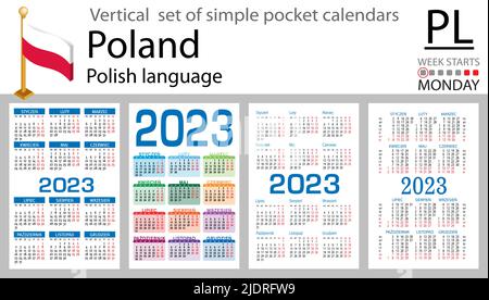 Calendario tascabile verticale polacco per il 2023 (duemilventitré). La settimana inizia lunedì. Anno nuovo. Design semplice a colori. Vettore Illustrazione Vettoriale
